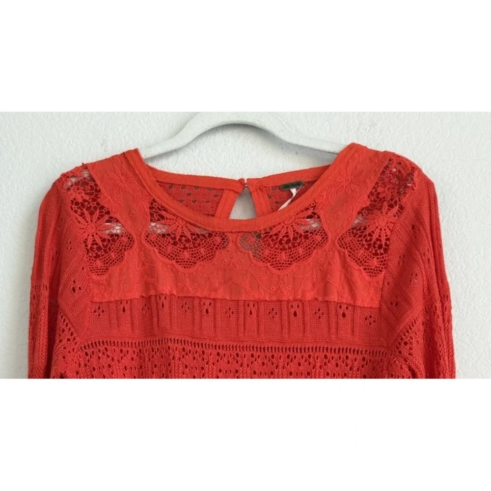 Free People Women's Flare Bell Sleeve Knit Crochet Eyelet Orange Red Size S Boho
